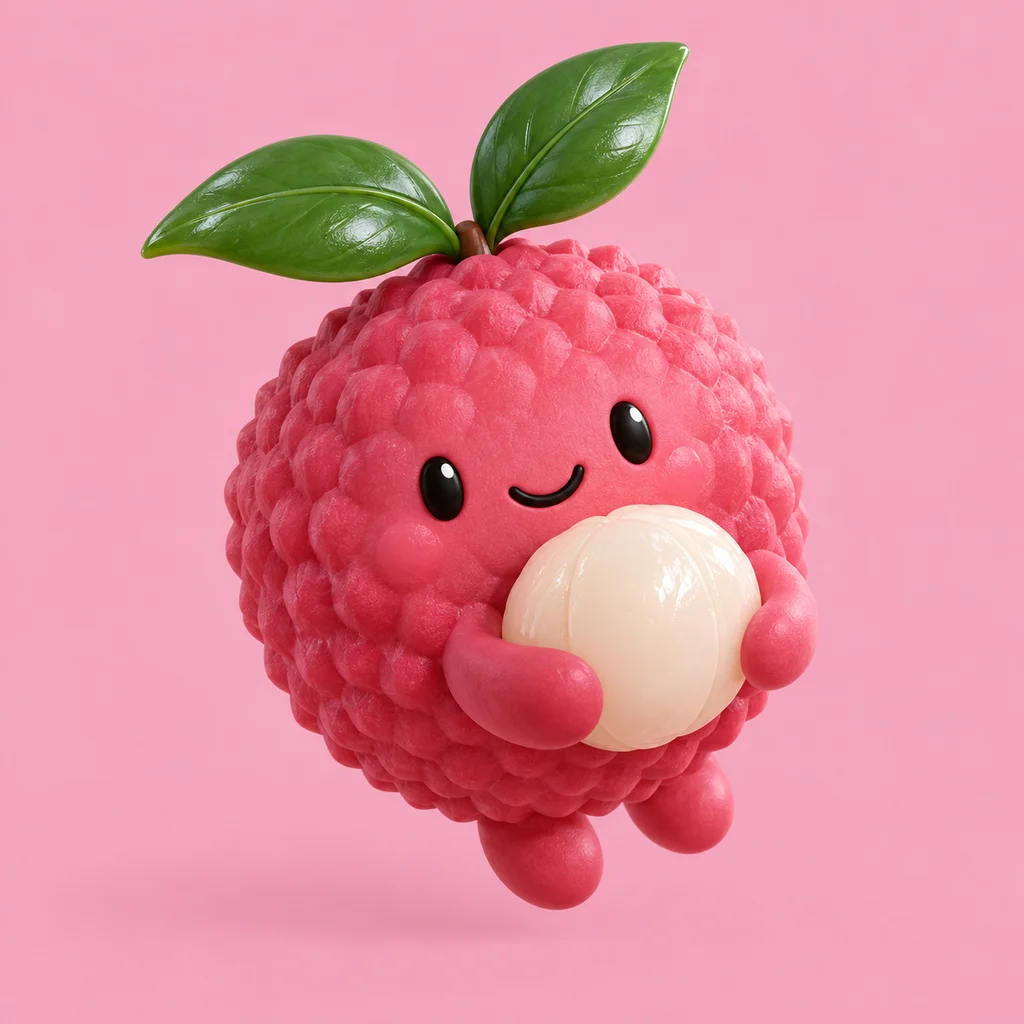 A smiling pink lychee mascot with green leaves and a little peeled lychee friend